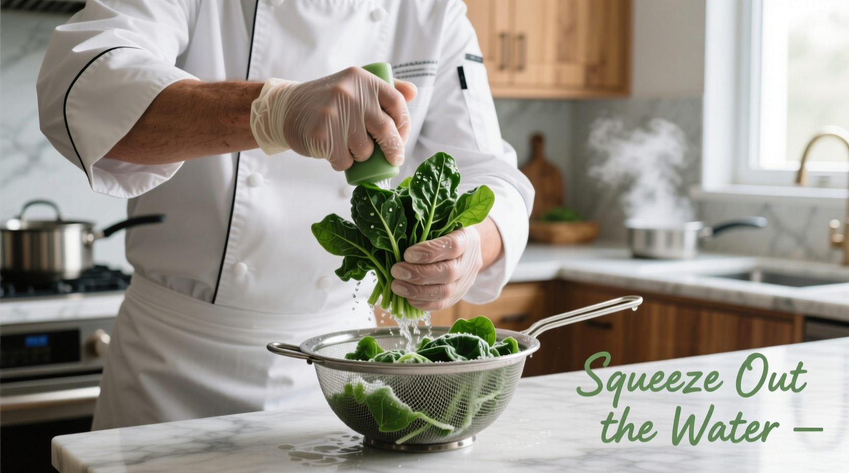 Chef squeezing water from thawed frozen spinach