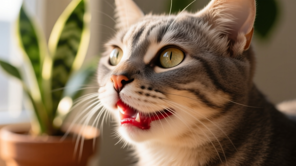 Close-up of a cat’s mouth with gentle redness on the gums, illustrating mild oral irritation