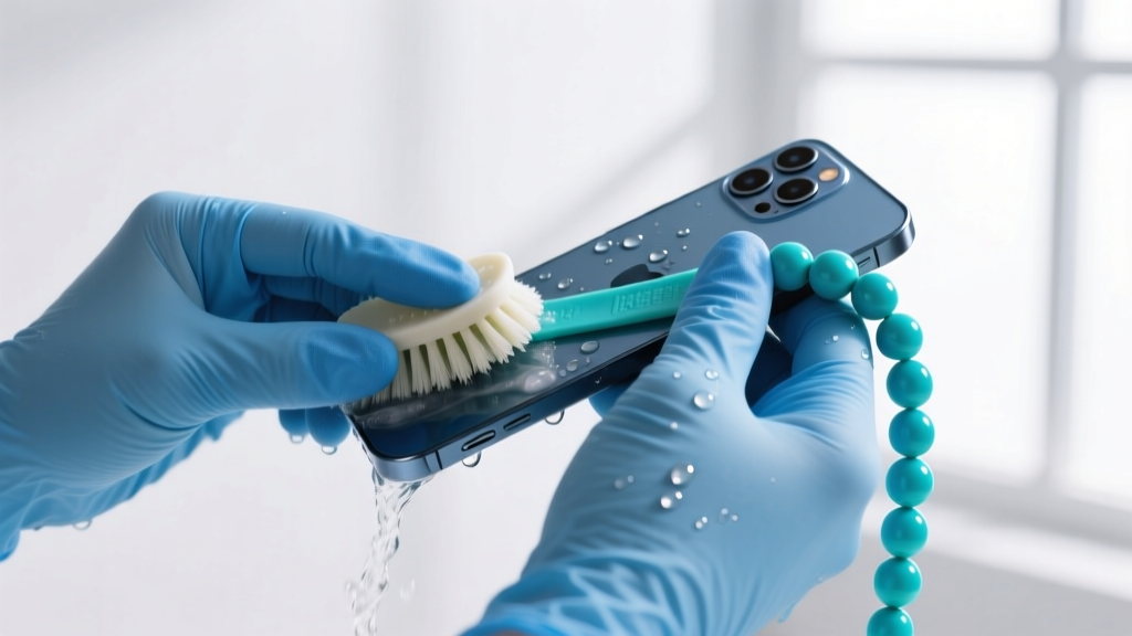 Hands in blue nitrile gloves gently scrubbing a silicone beaded phone lanyard strap with a soft bristle brush and mild soapy water.