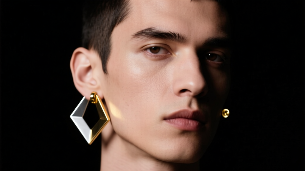 Editorial portrait of a man wearing asymmetrical titanium and gold earrings in both ears, moody studio lighting on jawline