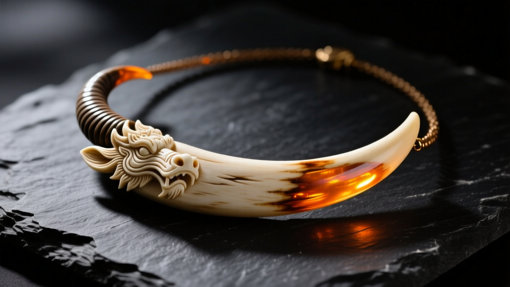 Hand-carved water buffalo bone dragon tooth necklace resting on dark slate, illuminated by moody, directional warm lighting