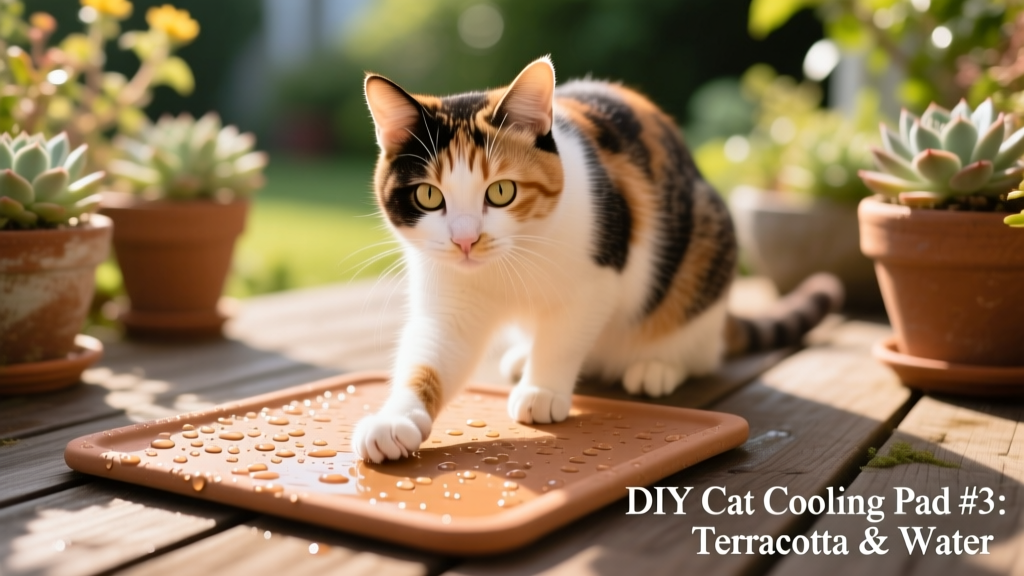 A calico cat pawing curiously at a light brown terracotta cooling mat slightly dampened with water