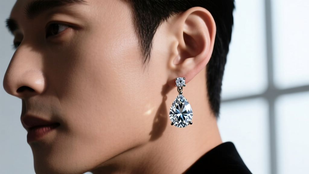 Close-up of a man wearing a large pear-cut diamond drop earring, showing the secure prong setting and bright studio reflection.