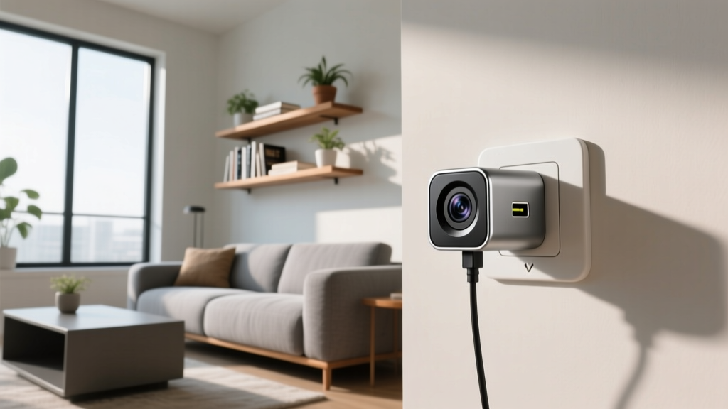 A discreet USB charger hidden camera plugged into a living room wall outlet, blending seamlessly with modern home decor and furniture.
