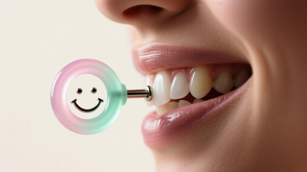 Side profile of a flexible PTFE bioplast circular barbell in a smiley piercing, showing how it contours away from the front teeth.