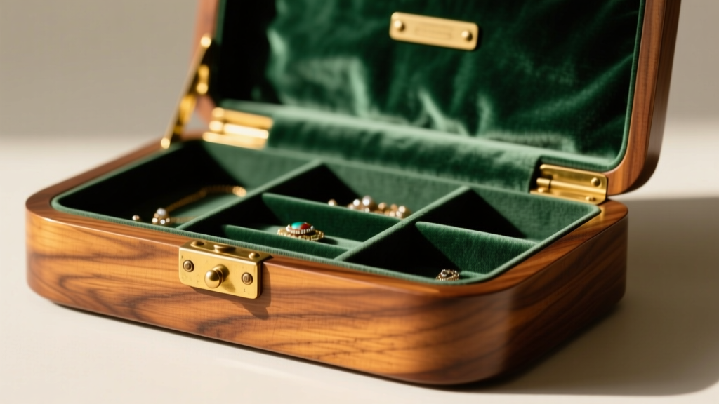 Close-up of Mid-Century vintage jewelry organizer showing curved walnut veneer, brass hinges, and faded emerald velvet interior