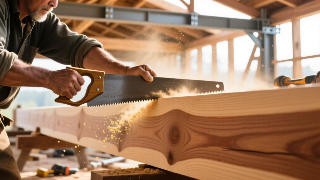 Close-up of a carpenter using a Japanese pull saw to precisely trim a massive glulam timber beam on a bright, dusty structural framing site