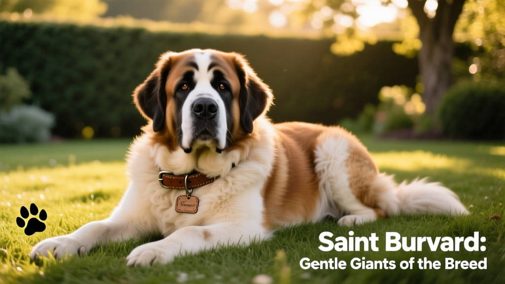 A calm, friendly Saint Bernard resting peacefully on grass in a sunny outdoor setting