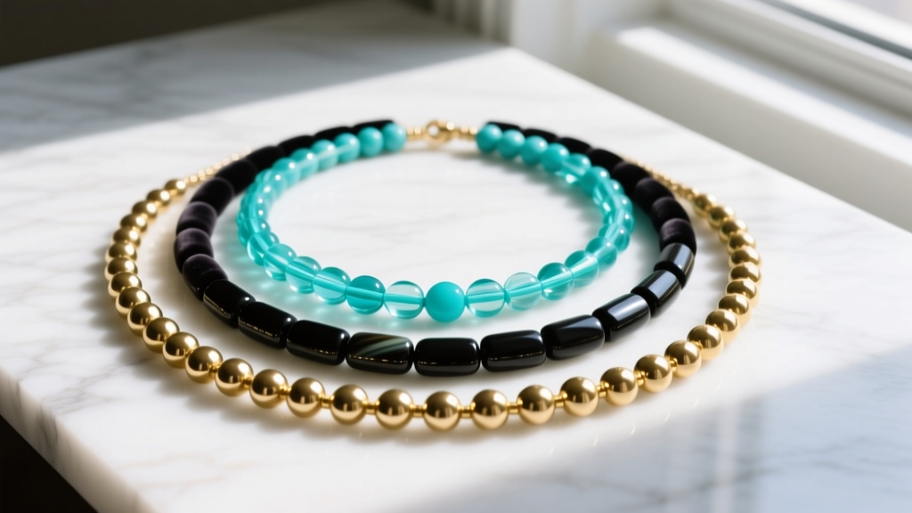 Flat lay of three layered beaded necklaces with turquoise glass, matte onyx, and gold spacer beads on a white marble surface