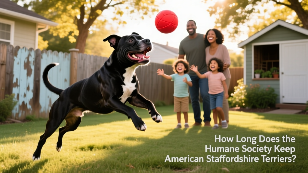 A joyful American Staffordshire Terrier playing fetch in a fenced backyard with their new adoptive family
