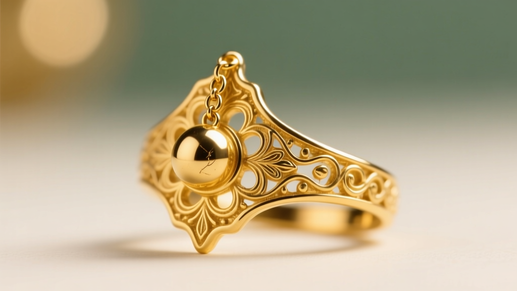 Macro shot of a 22k gold Indian nath nose ring with a delicate chain, soft studio lighting, sharp focus on gold texture
