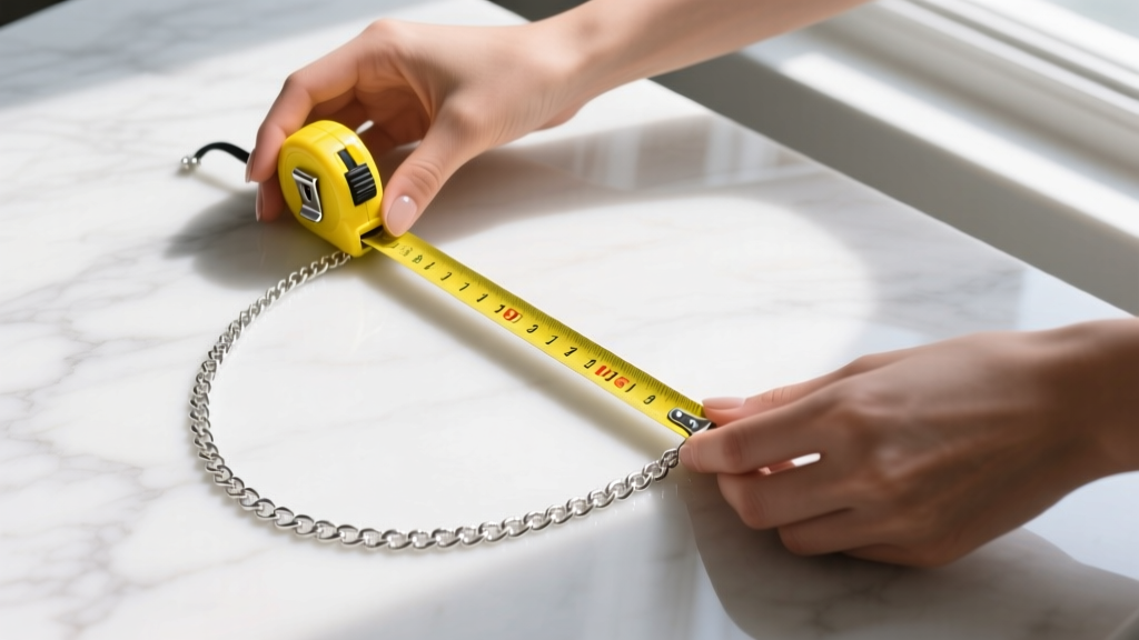 Top-down view of hands measuring a silver 18-inch princess necklace chain with a yellow tape measure on a white marble surface.