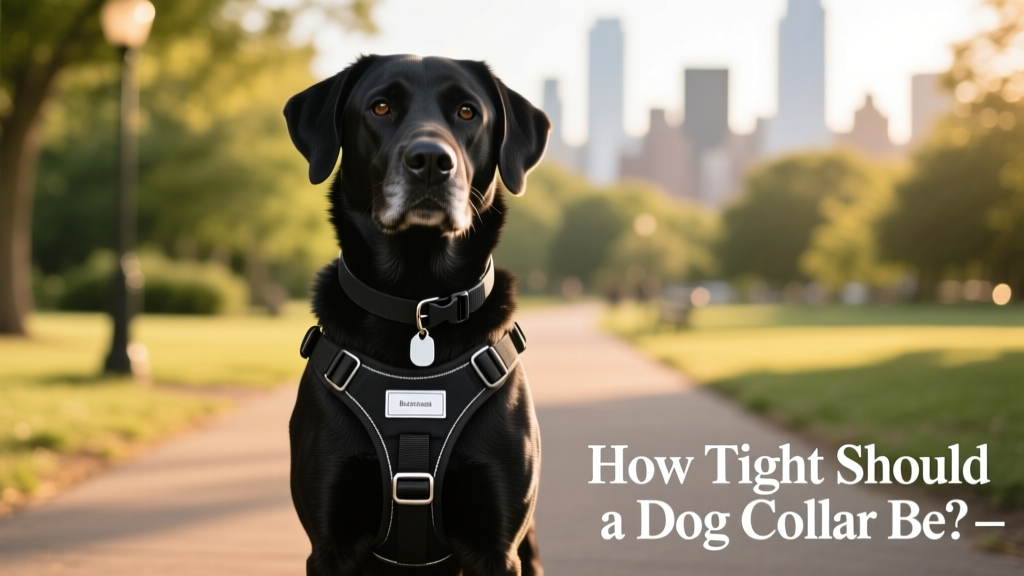Large black dog wearing both a collar and a harness while standing confidently outdoors