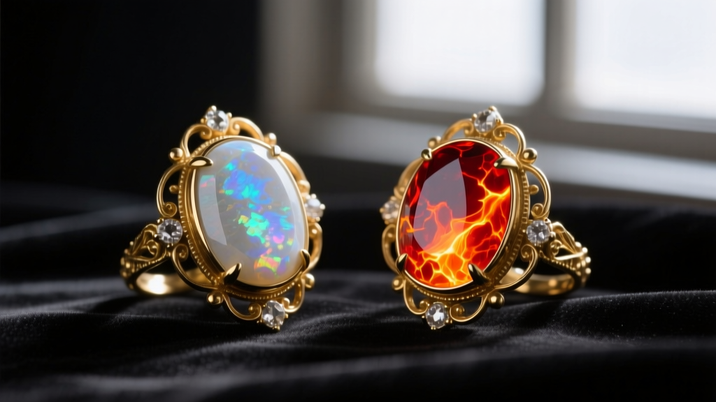Side-by-side view of a milky Australian opal and a fiery Ethiopian opal set in vintage gold bezels for witchcore jewelry styling