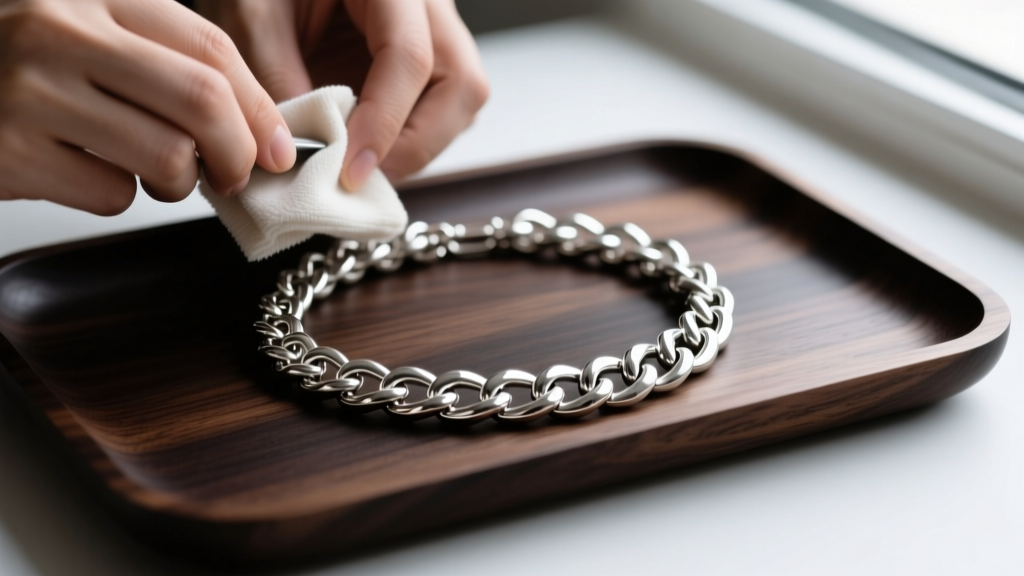 Hands using a microfiber cloth to polish a thick sterling silver Dante chain link necklace resting on a dark wooden jewelry tray