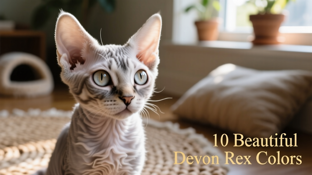 Close-up portrait of a silver Devon Rex kitten with large expressive eyes and wavy fur