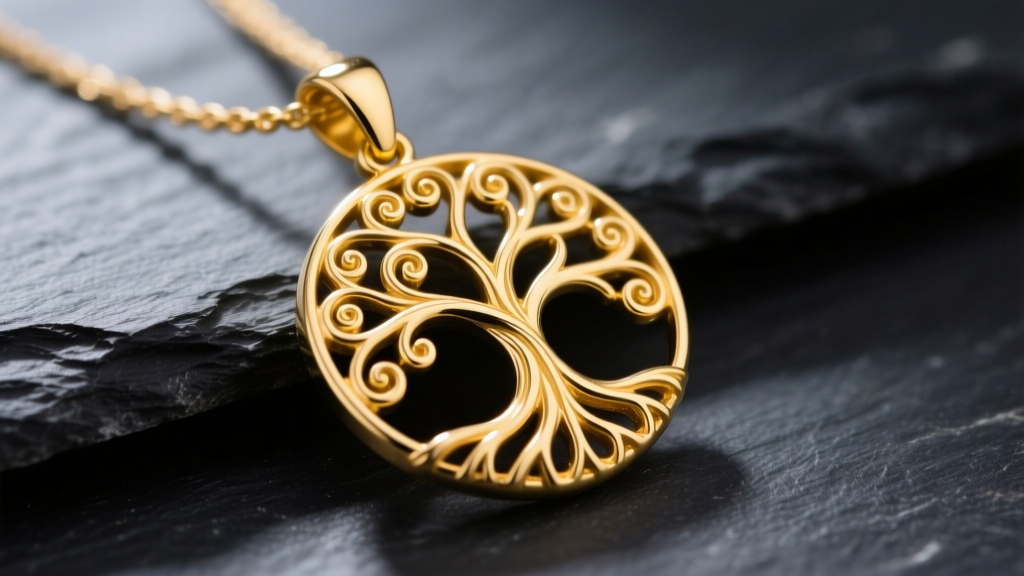 Close-up of a solid 14k yellow gold tree of life pendant with intricate filigree branches on dark slate, soft directional lighting.