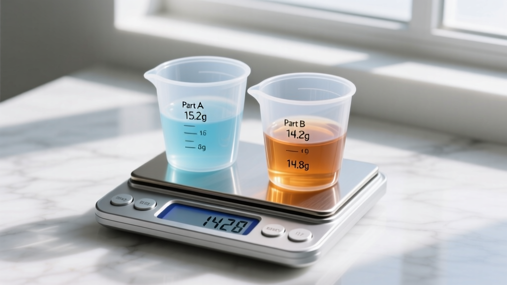 Digital jewelry scale displaying precise weight measurements of Part A and Part B epoxy resin in separate silicone mixing cups.