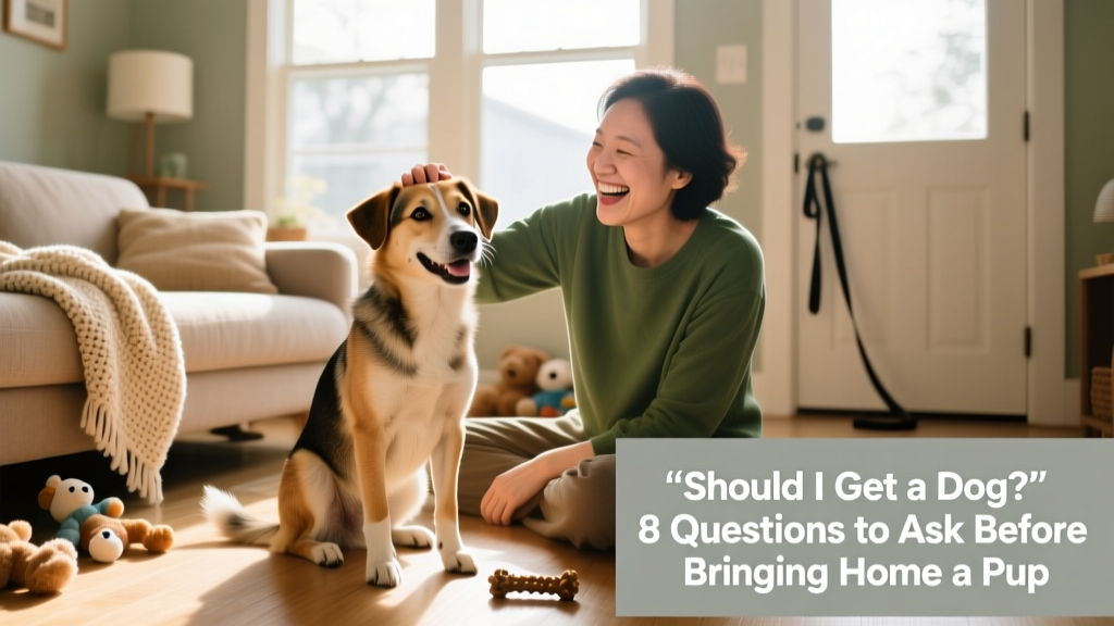 A joyful mixed-breed dog sitting beside a smiling adult on a sunlit living room floor, surrounded by toys and a cozy blanket
