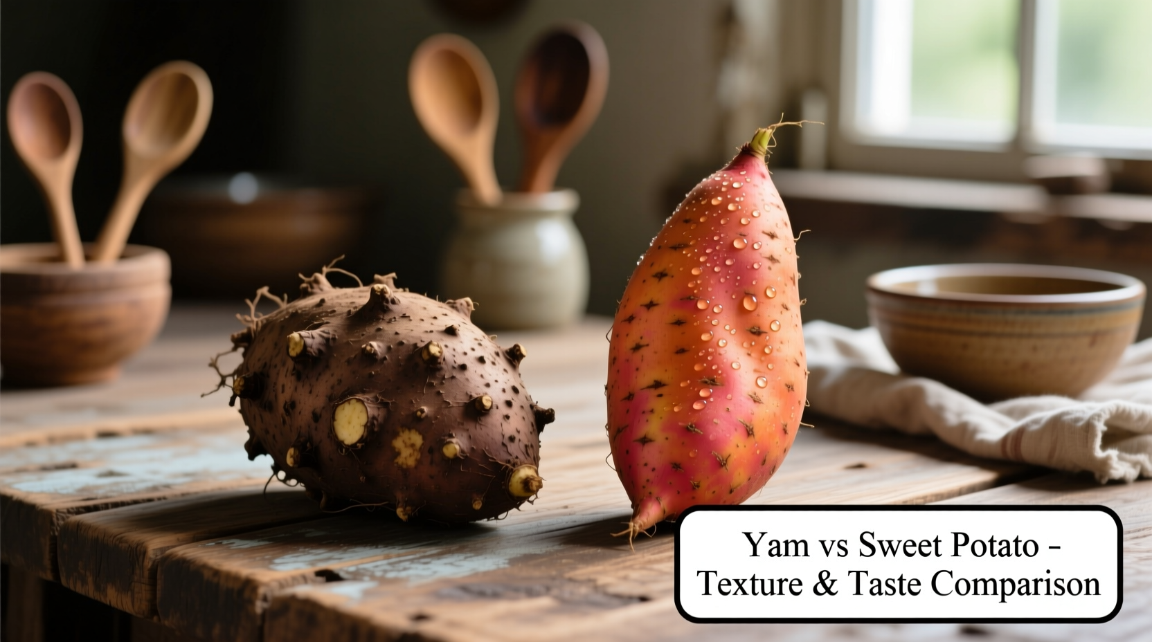 Side-by-side comparison of yam and sweet potato on wooden table