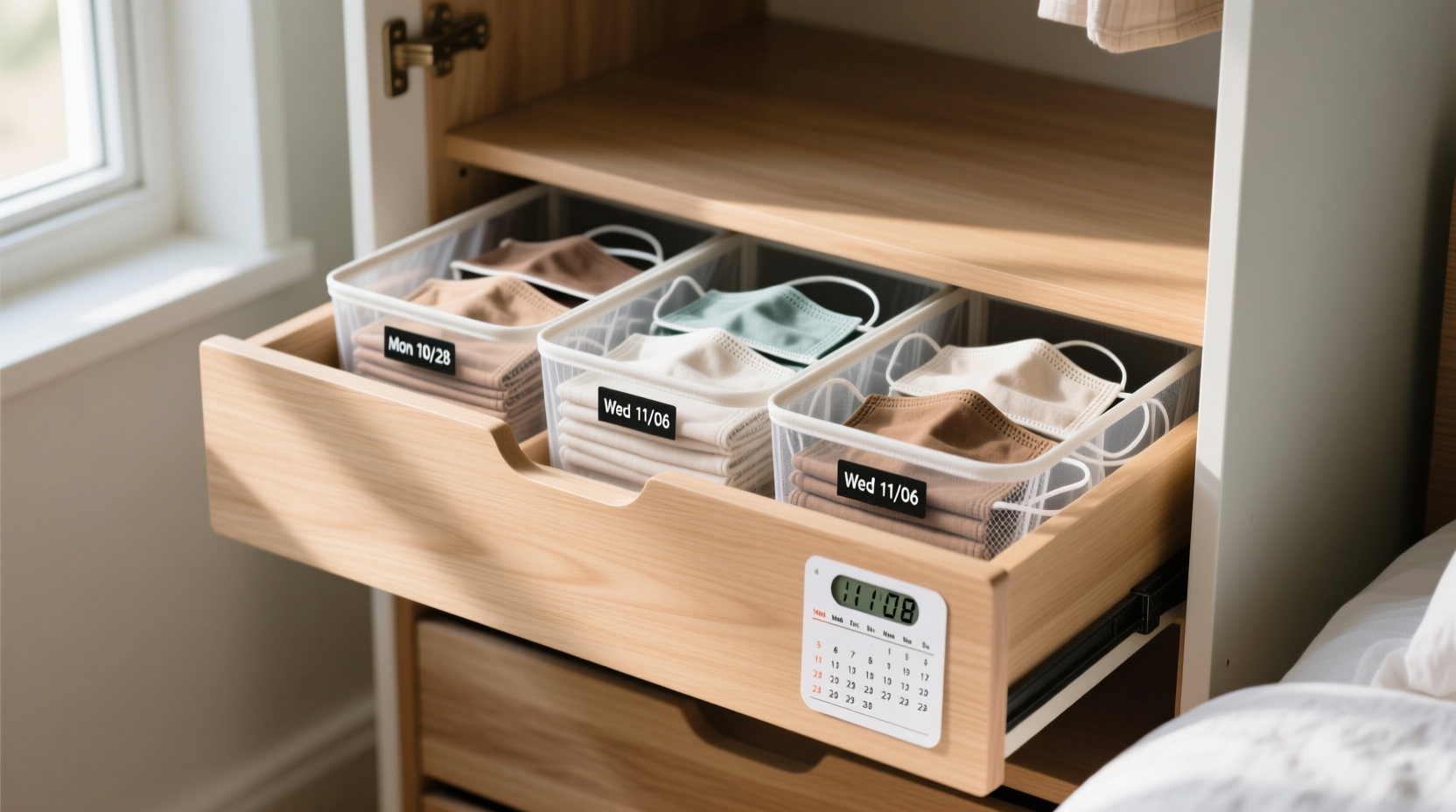 cloth mask storage in closet drawers
