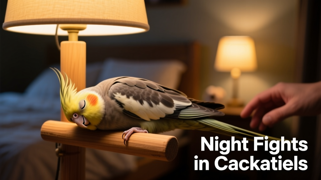 Cockatiel sleeping peacefully on a perch under a soft, warm nightlight