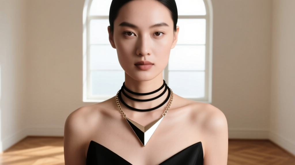 Model wearing a geometric angle necklace layered with a black cord and box chain, captured in soft, bright natural window light.