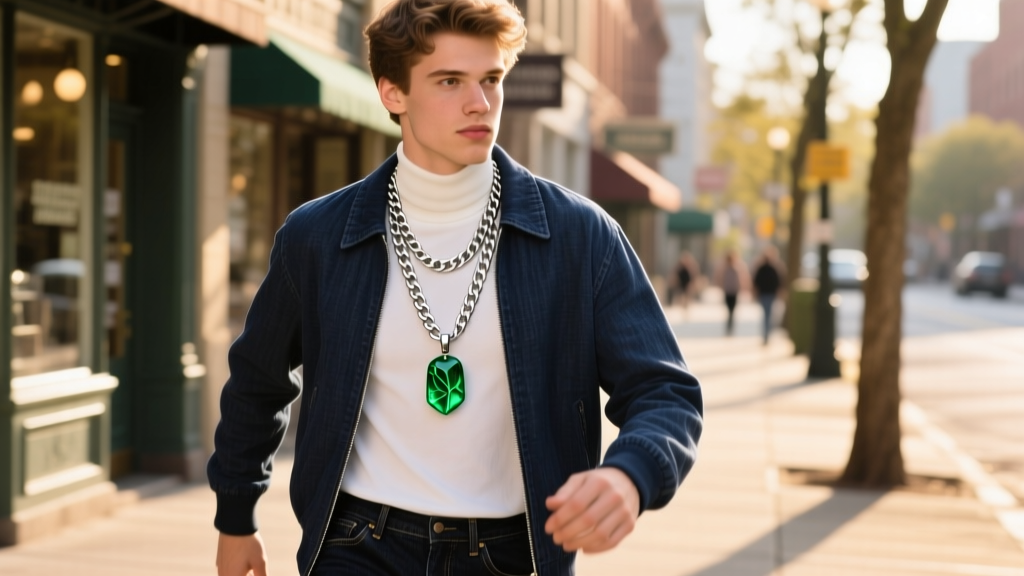 Street style portrait of a man layering an emerald pendant on a 3mm box chain with a thick silver Cuban link necklace outdoors.