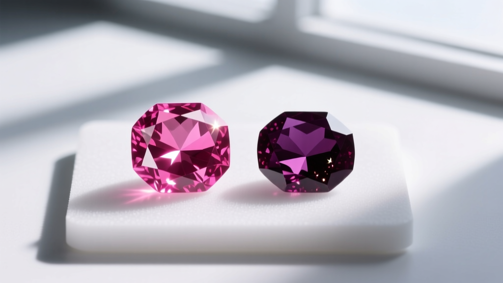 Macro view of a neon Mahenge pink spinel and a purplish-red Burmese spinel resting side-by-side on a white gemological grading pad.