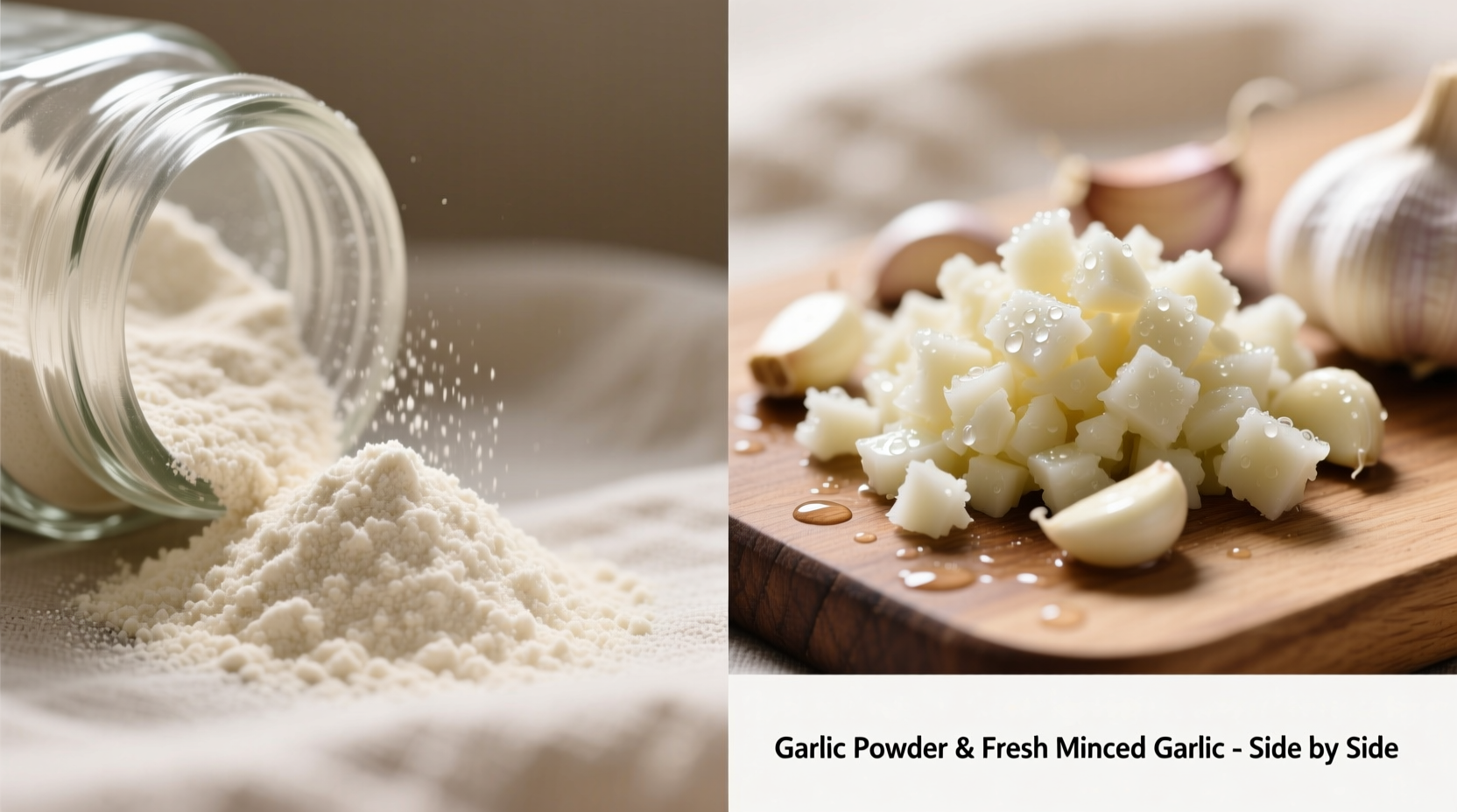 Garlic powder and fresh minced garlic side by side