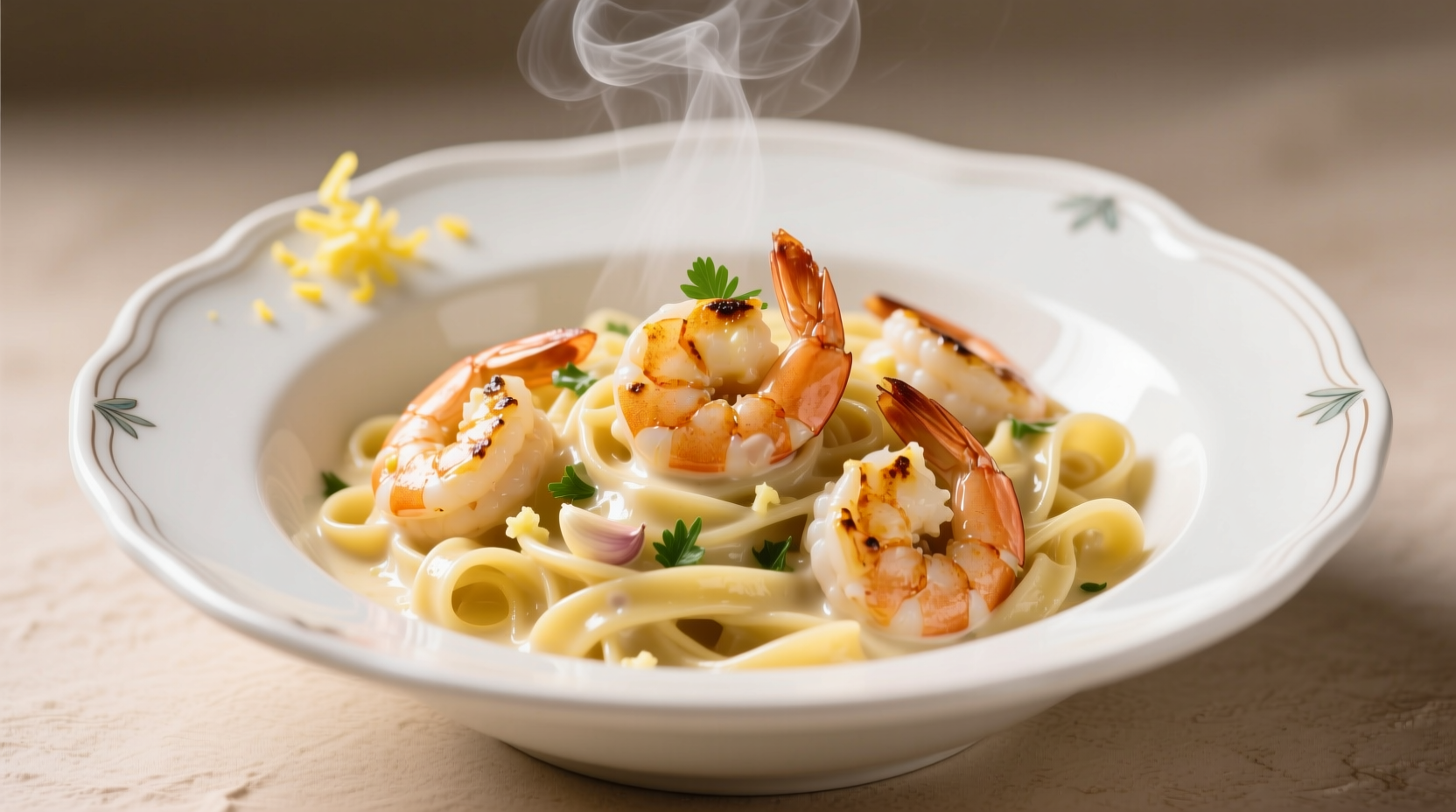 Garlic and butter shrimp pasta in white bowl