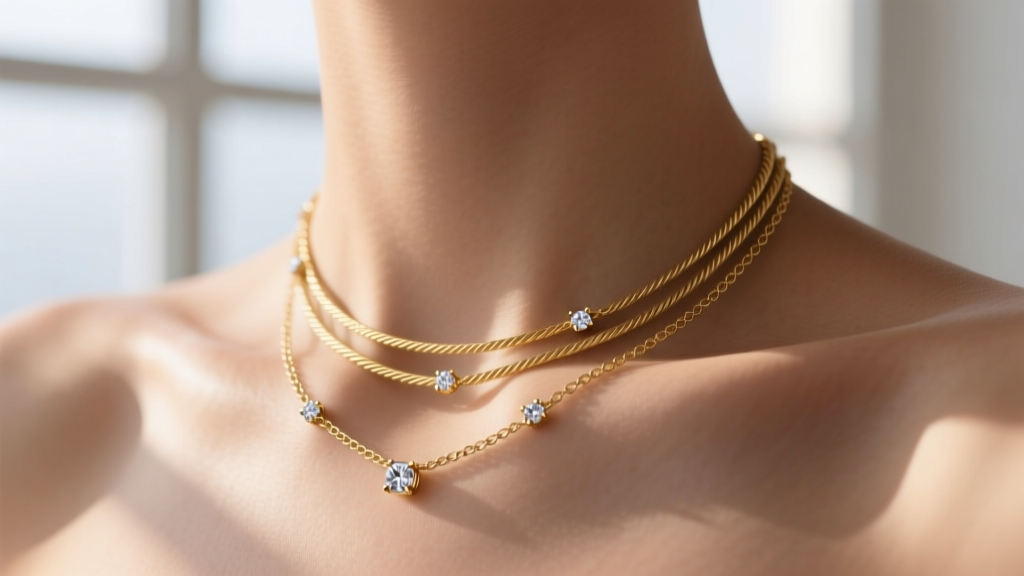 Close-up of collarbone wearing layered 14k gold necklace set, delicate cable chain with small bezel-set gemstone, natural daylight