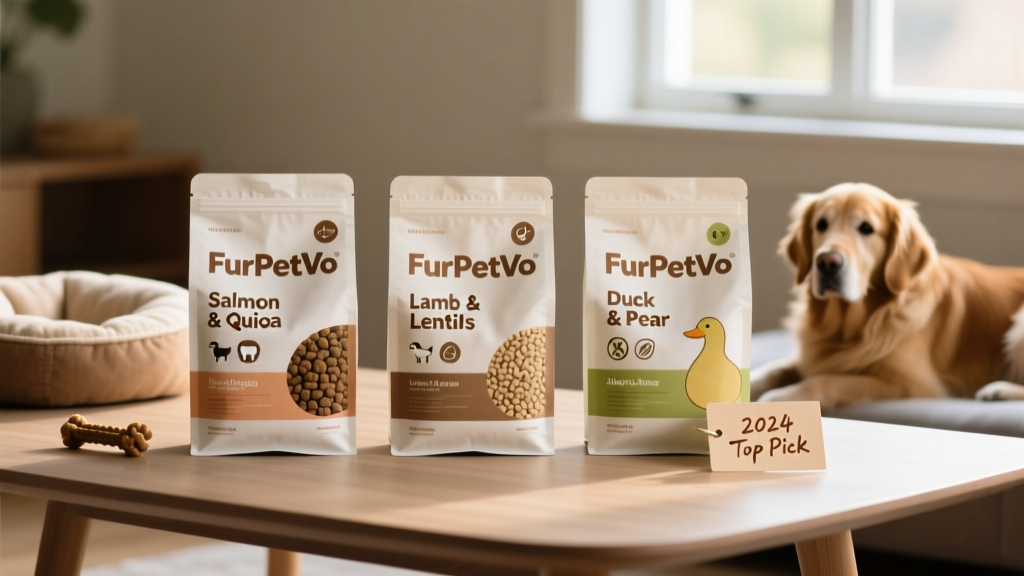 Side-by-side comparison of three FurPetVo allergy-friendly kibble bags labeled 'Salmon & Quinoa,' 'Lamb & Lentils,' and 'Duck & Pear' with clean, minimalist packaging