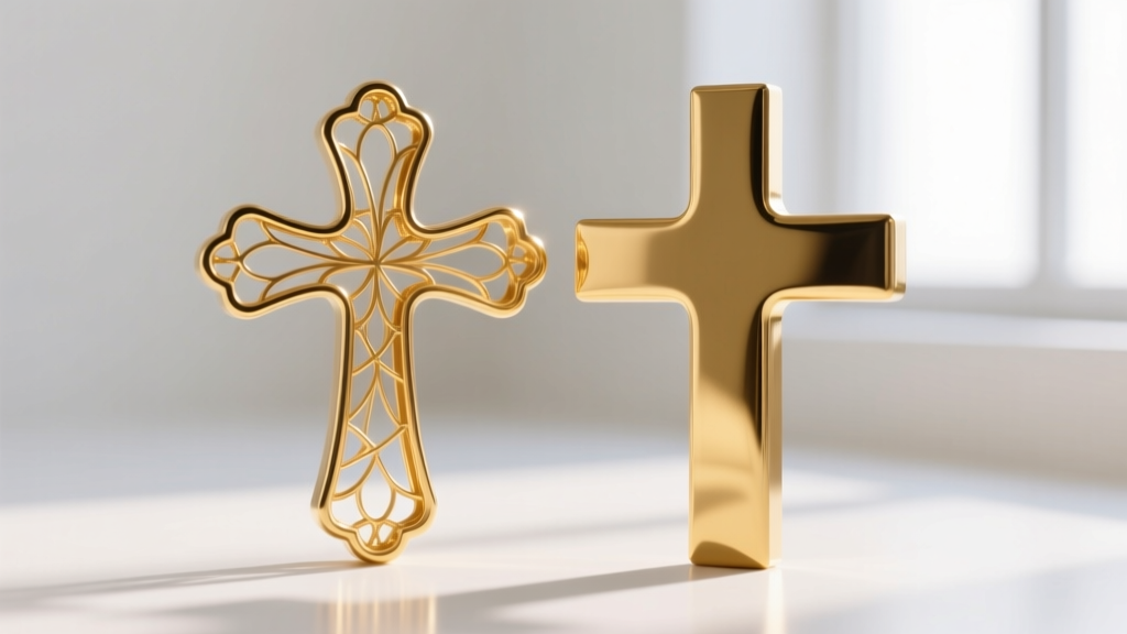 Macro shot of a hollow electroformed gold cross beside a solid cast gold cross, showing the thin metal walls of the hollow version
