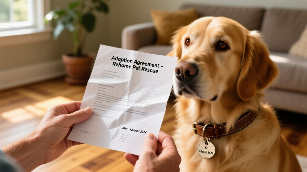 Close-up of hands holding a printed adoption agreement next to a dog’s collar and ID tag