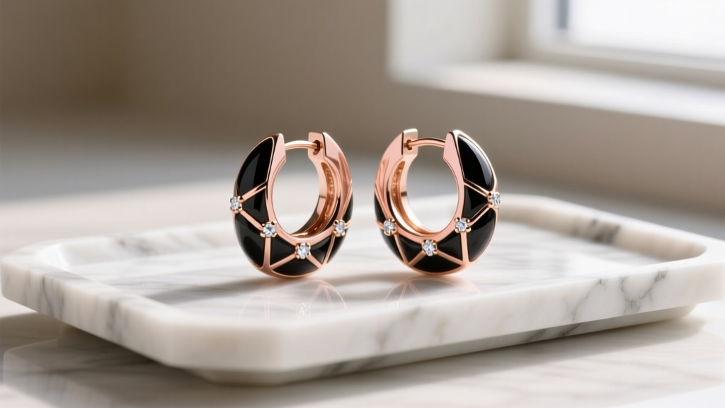 Elegant display of 14k rose gold huggie hoops with carved black onyx inlays and small round diamonds resting on a marble tray.