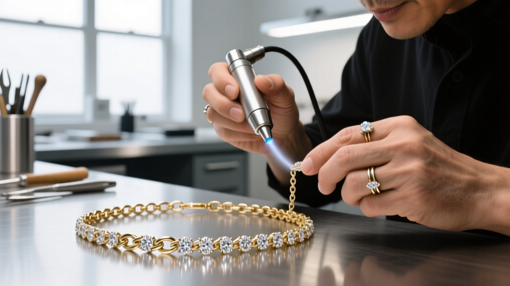Close-up of a jeweler using a steam cleaner on an 18k white gold chain with pavé diamonds in a brightly lit professional workshop