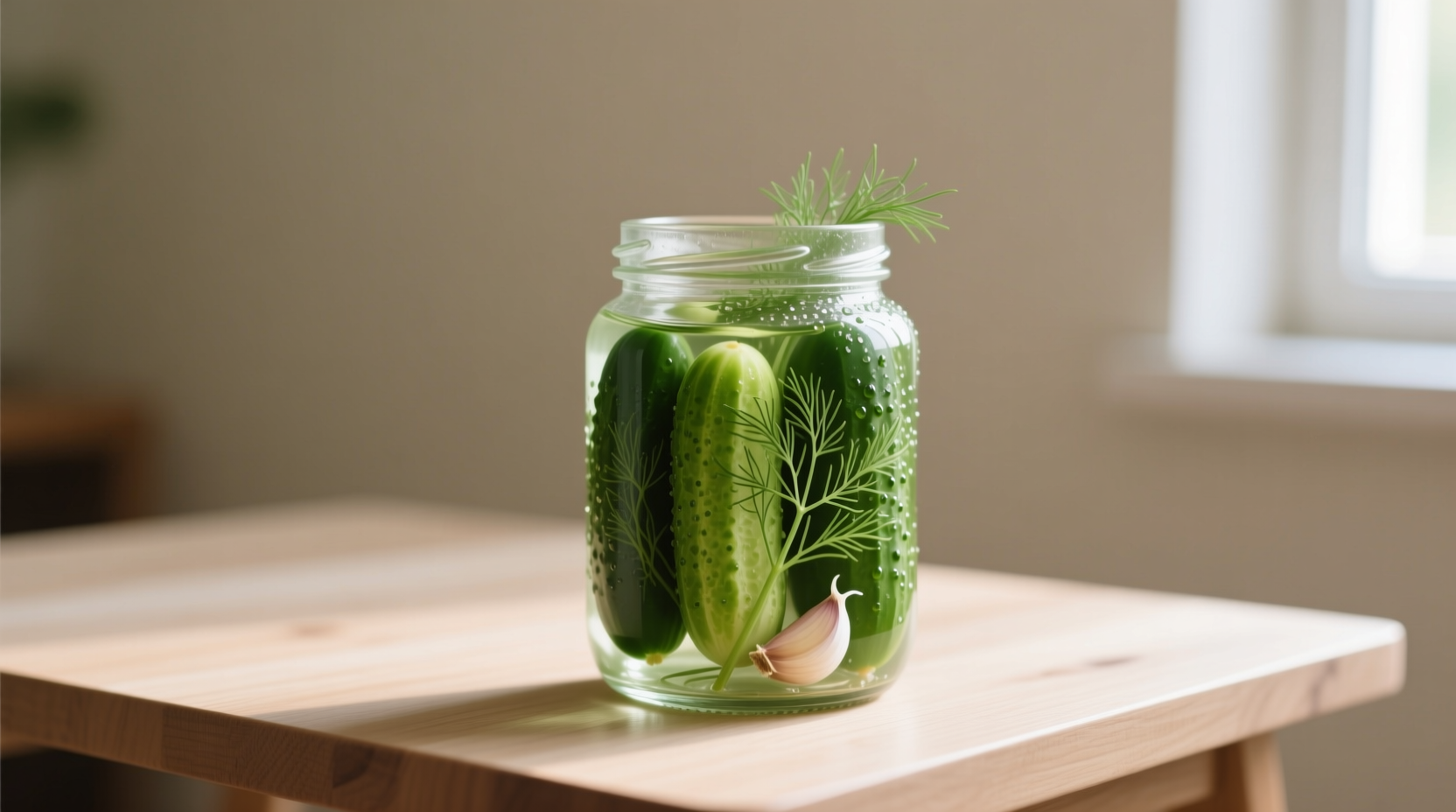 Refrigerated fermented dill pickles in mason jars showing visible brine cloudiness, indicating live bacterial activity