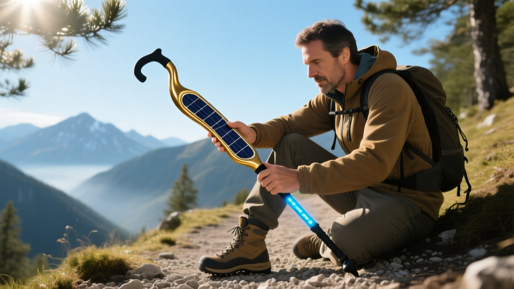 A hiker resting on a mountain trail, adjusting a high-tech solar gadget cane equipped with flexible photovoltaic wraps and LED indicators.