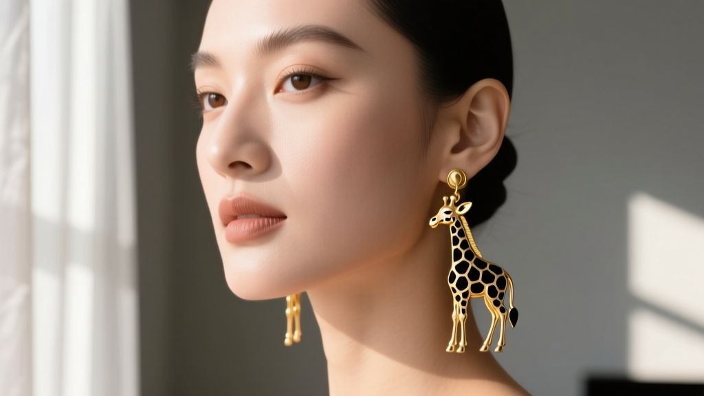Close-up of a woman wearing gold-plated giraffe dangle earrings with black enamel spots, lit by soft natural window lighting