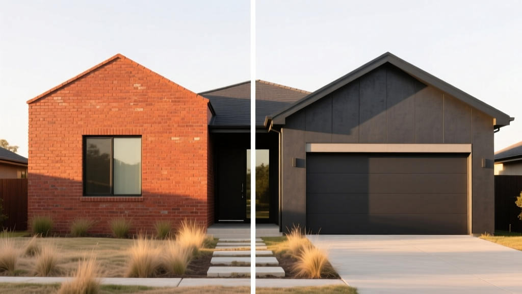 Split exterior of modern home showing textured red clay brick masonry on left and dark charcoal fiber cement siding on right