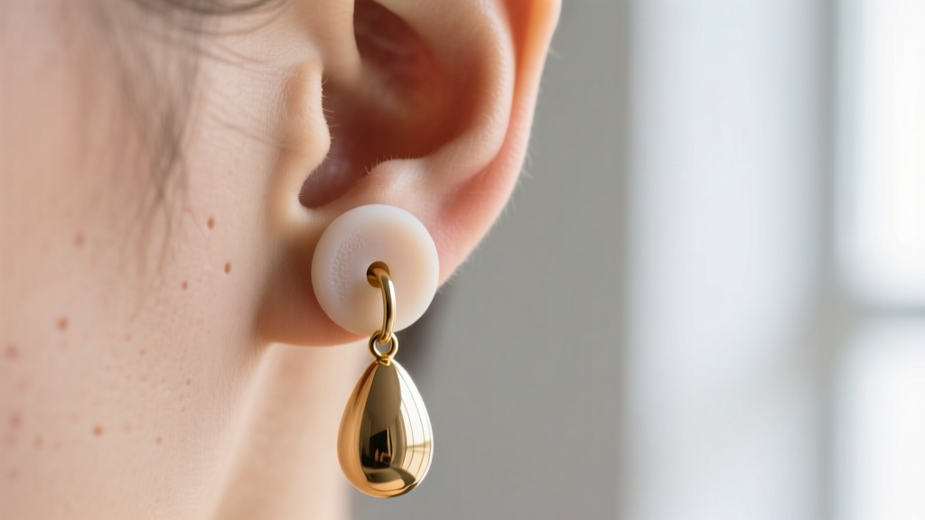 Macro photo of a silicone earring support patch securing a heavy brass teardrop earring on an earlobe, neutral studio background