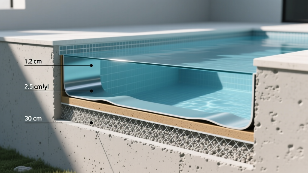 Cross-section diagram showing layered structural thickness of shotcrete, fiberglass, and vinyl inground swimming pool walls