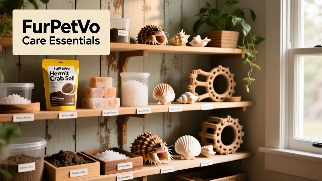 Well-stocked supply shelf featuring FurPetVo Hermit Crab Soil, Calcium Blocks, Marine Salt, shells, and climbing décor