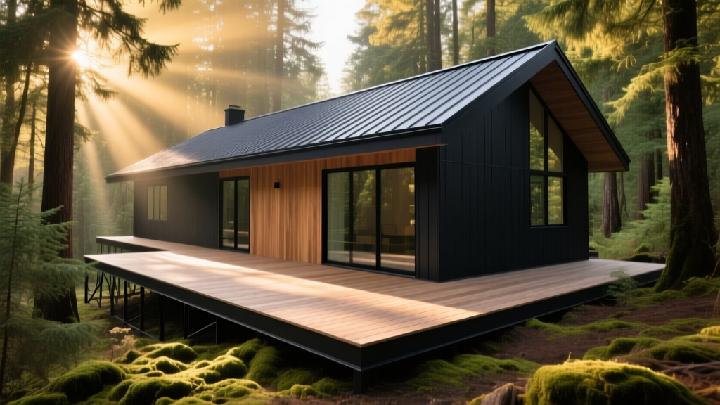 Modern forest home featuring a dark-capped composite deck with aluminum sub-framing, built to meet strict wildfire zone building codes