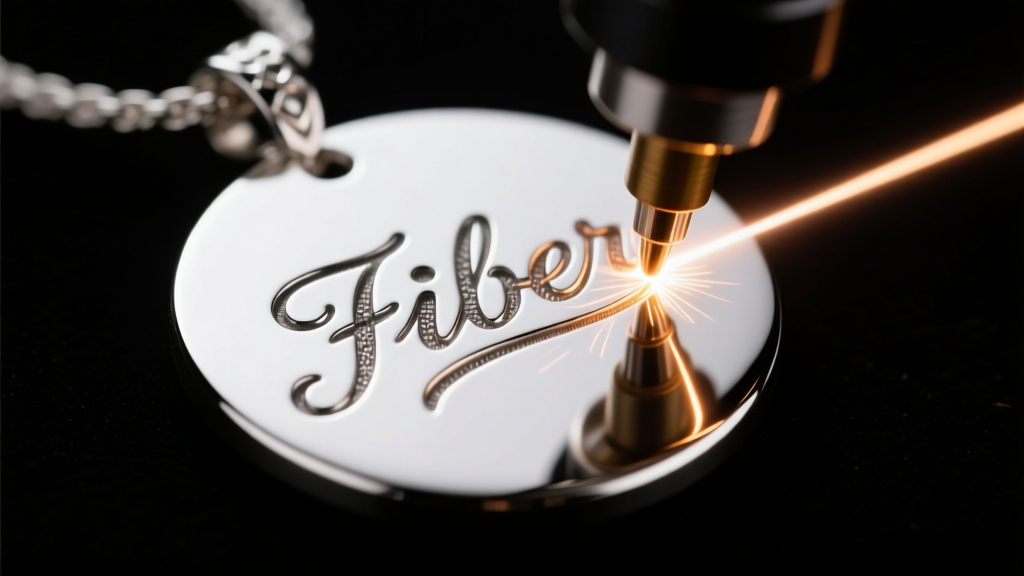 Macro shot of a fiber laser engraving a script font onto a sterling silver disc pendant, showing high contrast studio lighting.