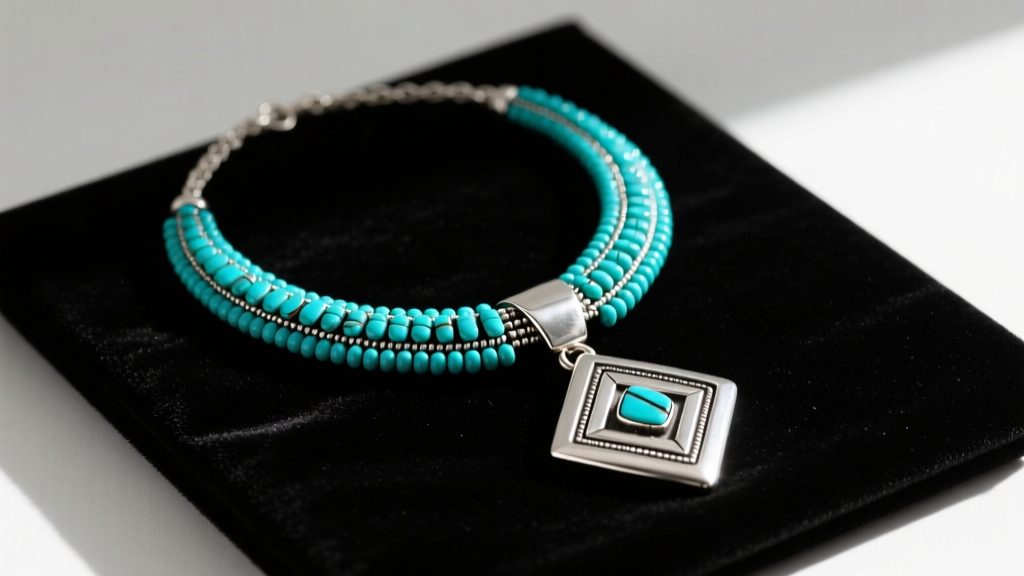 Zuni squash blossom necklace on dark velvet, showcasing intricate needlepoint turquoise clusters and a heavy sterling silver naja.