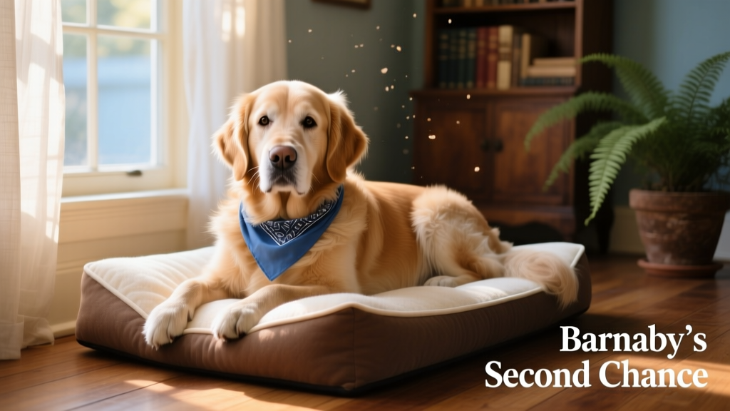 Barnaby resting comfortably on a memory foam dog bed beside a sunlit window, wearing a soft blue bandana