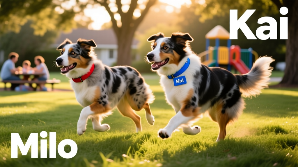 Two playful Australian Shepherd dogs running side-by-side through a sunlit park