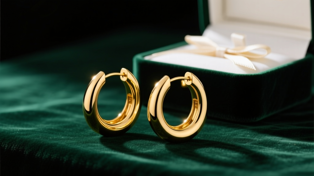 80mm 14k yellow gold extra large hoop earrings on dark emerald velvet, soft studio lighting, luxury gift box open in background.